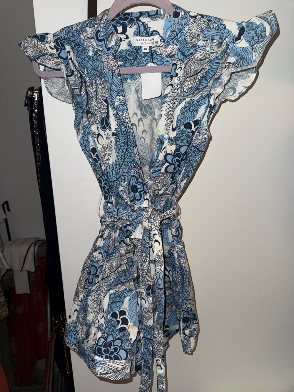 Derek Lam Blue & White Floral Wrap Romper with Tie Waist